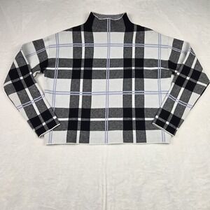 Tahari Women's Black White‎ Blue Plaid Mock Neck Cropped Sweater Large